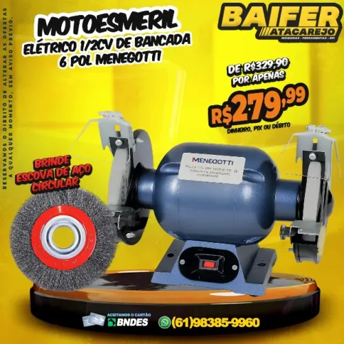Motoesmeril 1/2cv de Bancada 6 Pol Menegotti + Escova Aço Circular Extra