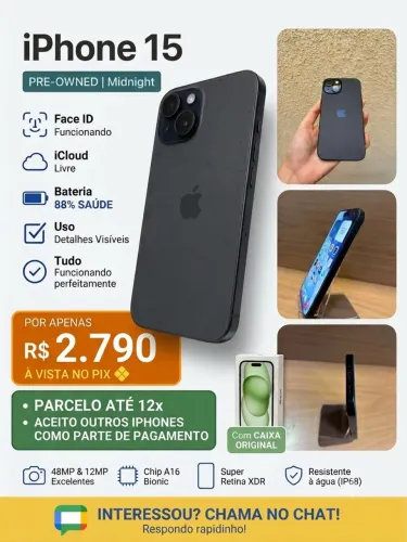iPhone 15 128GB Preto | Caixa Original | Aceito Troca |Parcelo 12x