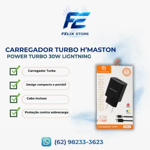 Carregador Rápido Preto 30w Para Iphone Lightning H'maston Original