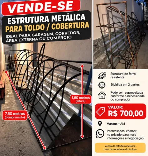Estrutura para toldo ou cobertura 7,5M x 1,60M
