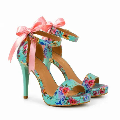 Sandália Feminina Floral Salto Alto Fino Meia Pata Laço