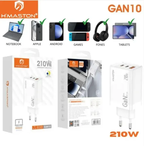 Fonte Carregador Tomada 210W de Alto Desempenho 2 USB-C PD + 1USB H'maston GAN10