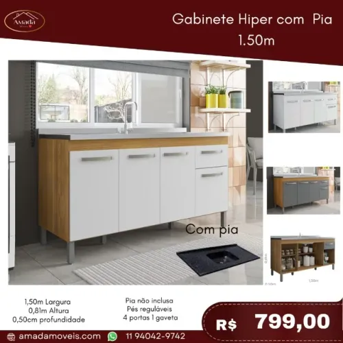 Gabinete hiper com pia 1, 50m, a pronta entrega 