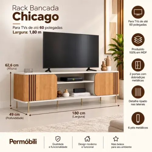 Entrega rápida - Rack Bancada 1,80m Chicago Off/Cinamomo Para TV's até 60"