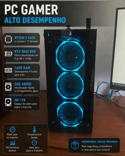 PC Gamer Ryzen 5 5600 + RTX 3060 8GB | 16GB RAM | SSD + HD | Completo c/ Caixas