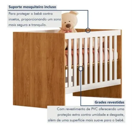 Berço C/Regulagem de Altura 100% Mdf Soft Americano Branco/Amadeirado