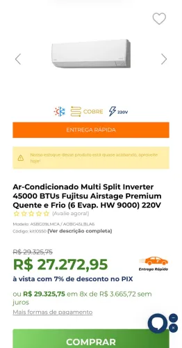 Ar-Condicionado Multi Split Inverter 48000 BTUs Fujitsu 6 evaporador quente e fria