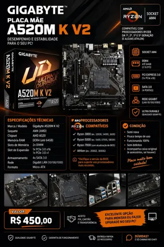 Placa-Mãe Gigabyte A520M K V2 AM4 DDR4 Seminova