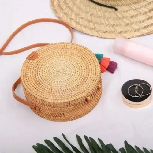 Bolsa De Bambu Redonda Feminina Com Alça Fixa Forrada Verão Praia