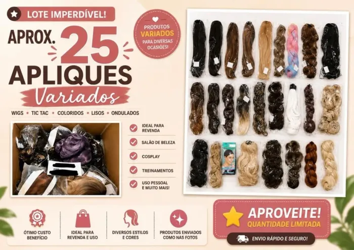 Lote com Aprox. 25 Apliques de Cabelo Variados | Wigs, Tic Tac, Coloridos e Lisos