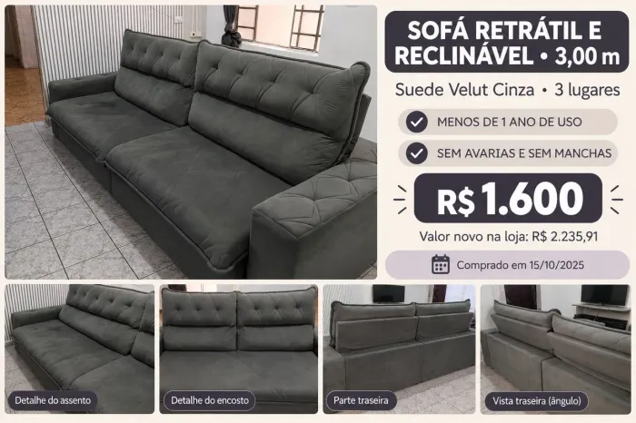 Sofá Retrátil e reclinável 3 metros