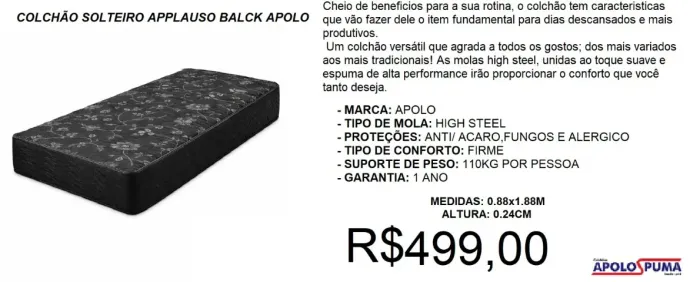 Colchão solteiro molas applauso apolo - entrega inclusa