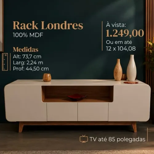 PROMOÇÃO URGENTE - Rack Londres 100% MDF para Tv com até 85 POLEGADAS