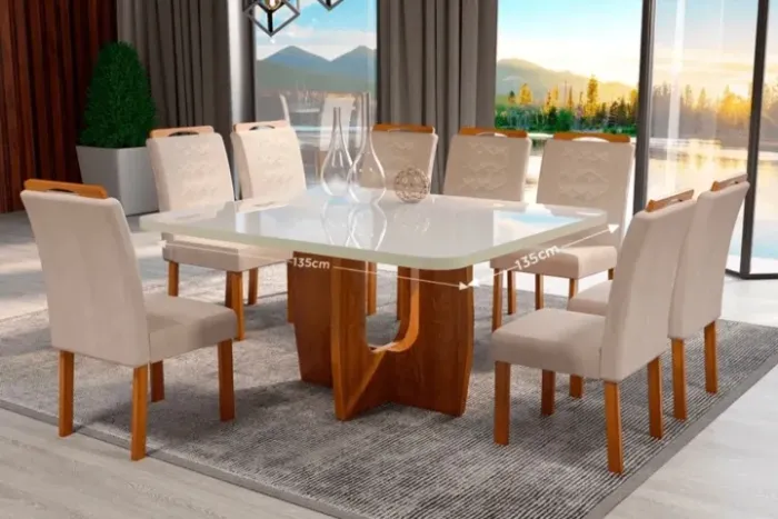 Conjunto Mesa Luxury 135x135 Tampo de Vidro com 08 cadeiras Stela Naturalle