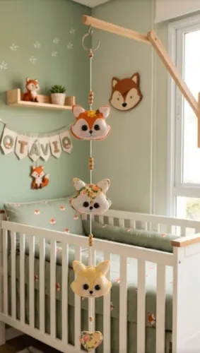 Móbile raposinhas em feltro, decoração quarto, escritório, porta maternidade