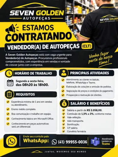 Estamos Contratando - Vendedor(a) de Autopeças (CLT) Segunda á sexta-feira