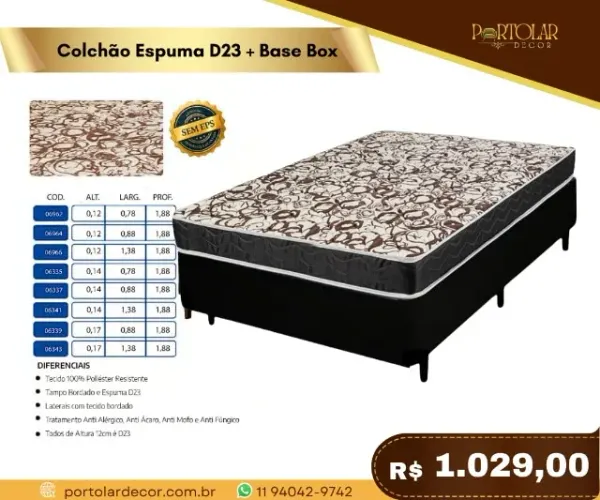 Colchão espuma D23 + Base Box casal, a pronta entrega