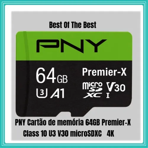 PNY Cartão De Memória 64GB Premier-X Class 10 U3 V30 MicroSDXC 4K