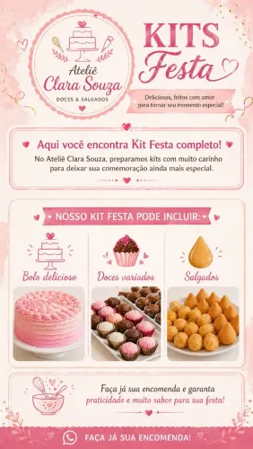 Kit festa a partir de 190 reais com bolo que serve ate 8 pessoas 25 doces e 70 salgados