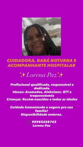 Cuidadora de idosos, babá e acompanhante hospitalar