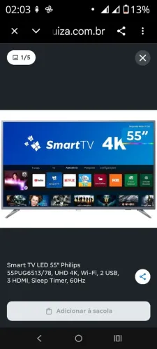 Smart TV LED 55" Philips 55PUG6513/78, UHD 4K, Wi-Fi, 2 USB, 3 HDMI, Sleep Timer, 60Hz
