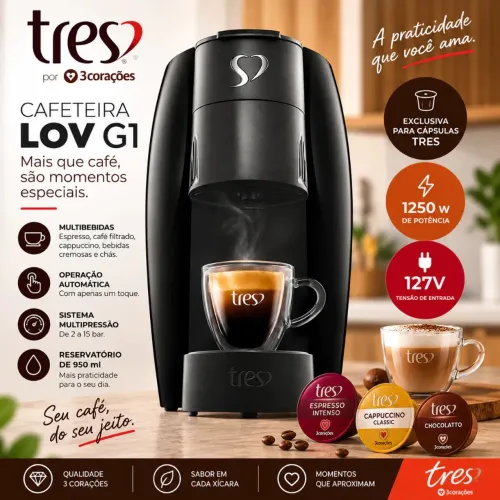 Cafeteira Espresso e Multibebidas PRETA TRES Lov ÚNICA DONA GRÁTIS 20 CÁPSULAS