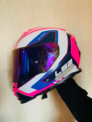capacete LS2 Storm FF800 Techy na cor rosa e branco