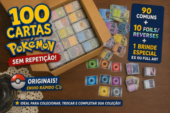 100 Cartas Pokémon Originais 90 comuns, 10 raras/reverses 1 especial de brinde<br><br>Descrição: