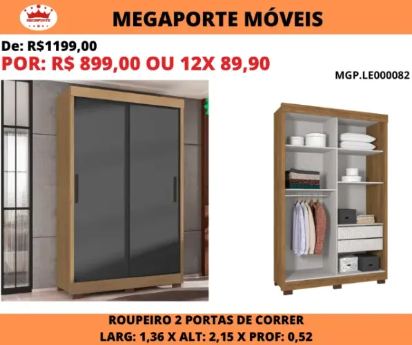 Guarda Roupa Solteiro 1,36 Portas de Correr