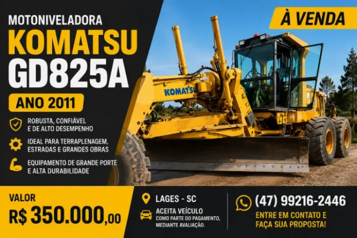 Motoniveladora Komatsu GD825A 2011 - Pronta para Trabalhar | R$ 350.000
