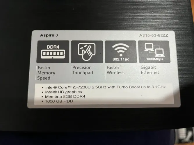 Notebook Acer Aspire 3 Modelo: A315-53-52ZZ