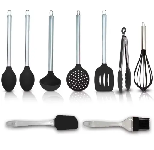 Kit Utensílios de Silicone 9 Peças com Cabo Inox - Novo