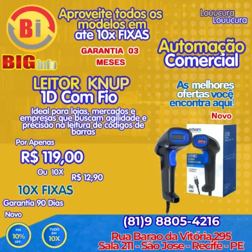 Leitor de código de barras com fio usb led 1d - KNUP - Em ate 10x Fixas
