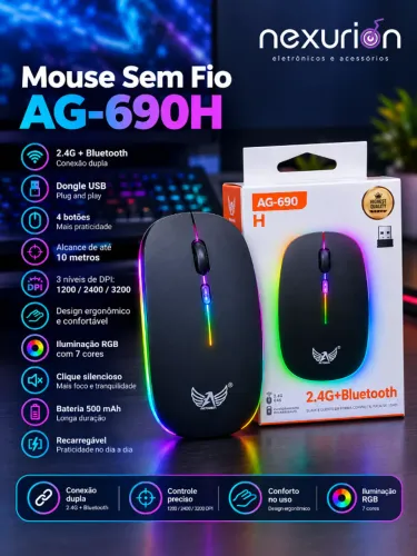 Mouse Sem Fio Altomex AG-690H 2.4G + Bluetooth RGB Recarregável para PC e Notebook