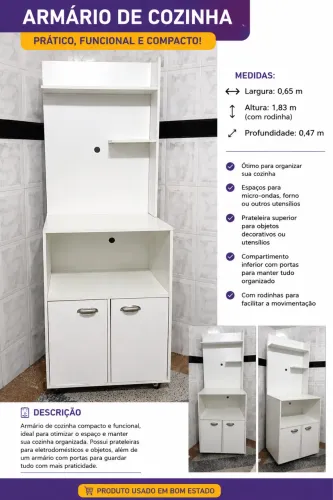 Armário de Cozinha Compacto Branco - Com Rodinhas