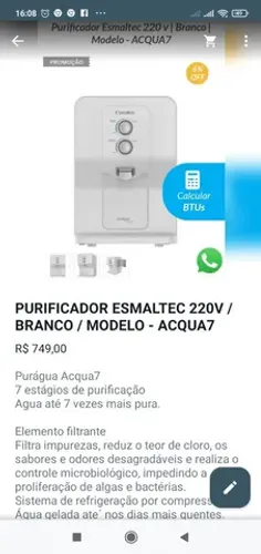 PURIFICADOR ESMALTEC 220V / BRANCO / MODELO ACQUA 7 
