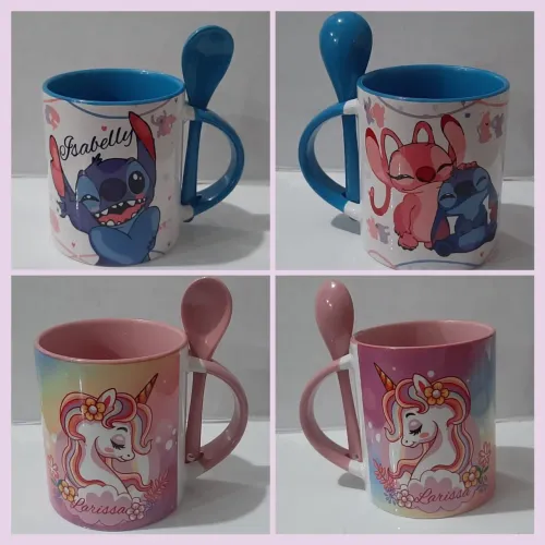 Canecas Personalizadas Stitch e Unicórnio com Colher - Kit de 2