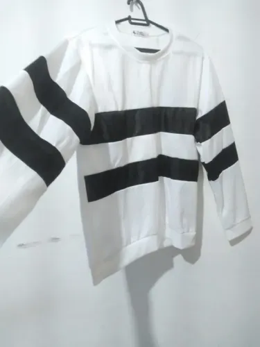 Camiseta Masculina Manga Comprida Listrada Casual Branco/Preto Estudante Estiloja Coreano