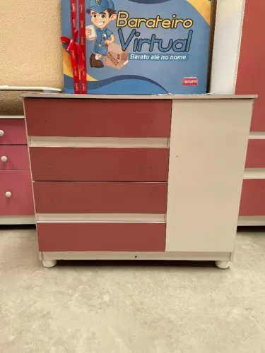 Comoda Zaqueu 4 Gavetas Infantil Branco/Rosa 100% MDF - Oferta Inperdivel 