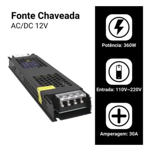 Fonte Chaveada 12v 30a 360w P/ Cftv Fita Led Som Capa Preta