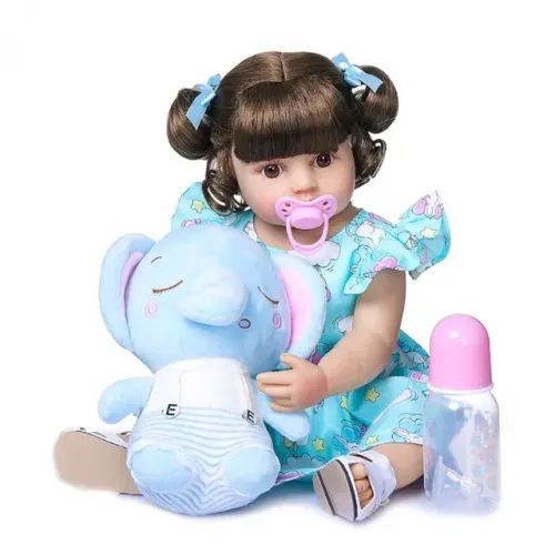 Elefantinho Amigo Baby Reborn Bebê Reborn Corpo Silicone Vestidinho Azul Cabelo Castanho