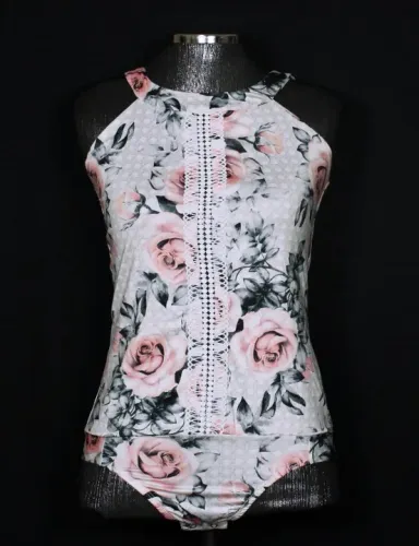 Body malha floral cinza e rosa For Use - Veste G - Ref. 3193