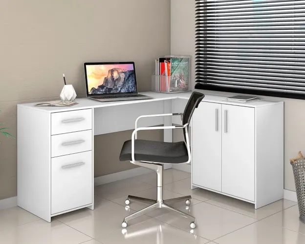 MESA DE ESCRITÓRIO EM L COM ARMÁRIO EMBUTIDO - 2 GAVETAS 3 PORTAS