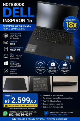 Dell Inspiron 15 i5 11ª Geração | 16GB RAM | SSD 512GB | 18x no Cartão ?