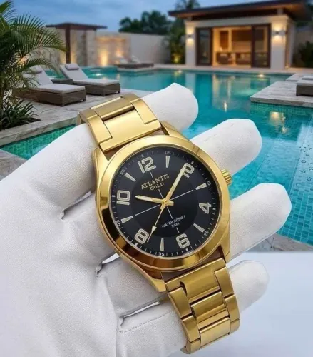 Relógio masculino novo original prova dágua banhado a ouro top