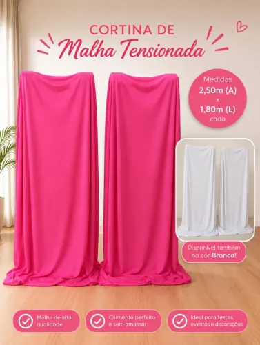 Cortina malha tensionada para decoração de festas