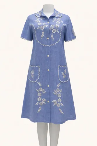 VESTIDO AZUL BORDADO FLORAL BRANCO IMPORTADO