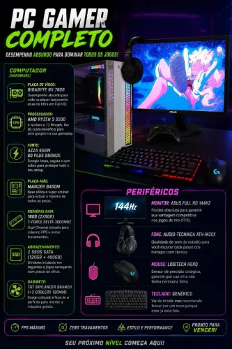 PC Gamer Completo | RX 7600 | Ryzen 5500 | Monitor 144Hz | Periféricos