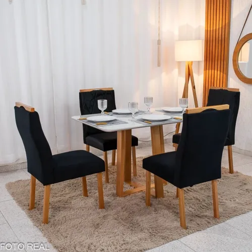 Mesa de Jantar Pedro 120×80 Vidro Off/Base Madeira + 4 Cad. Lisboa Veludo Preto