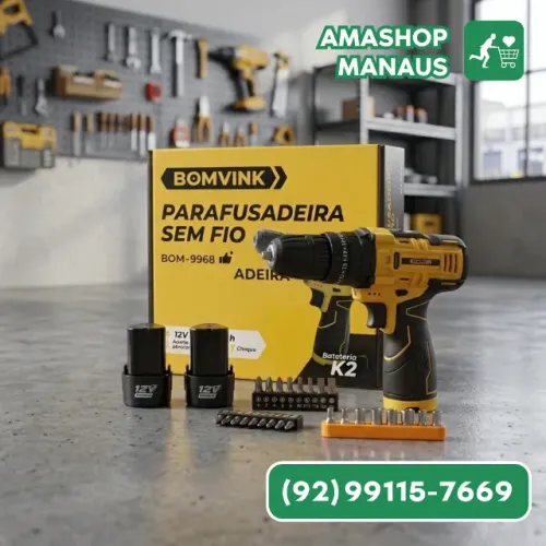 Parafusadeira Sem Fio Profissional Portátil BOM-9960 12V com 2 Baterias 1300mAh + Kit Aces